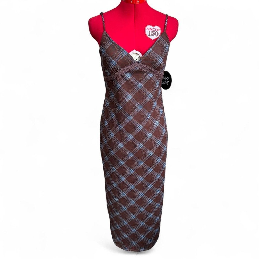 Planet Heart brown and blue plaid midi dress with lace detail size large NWT